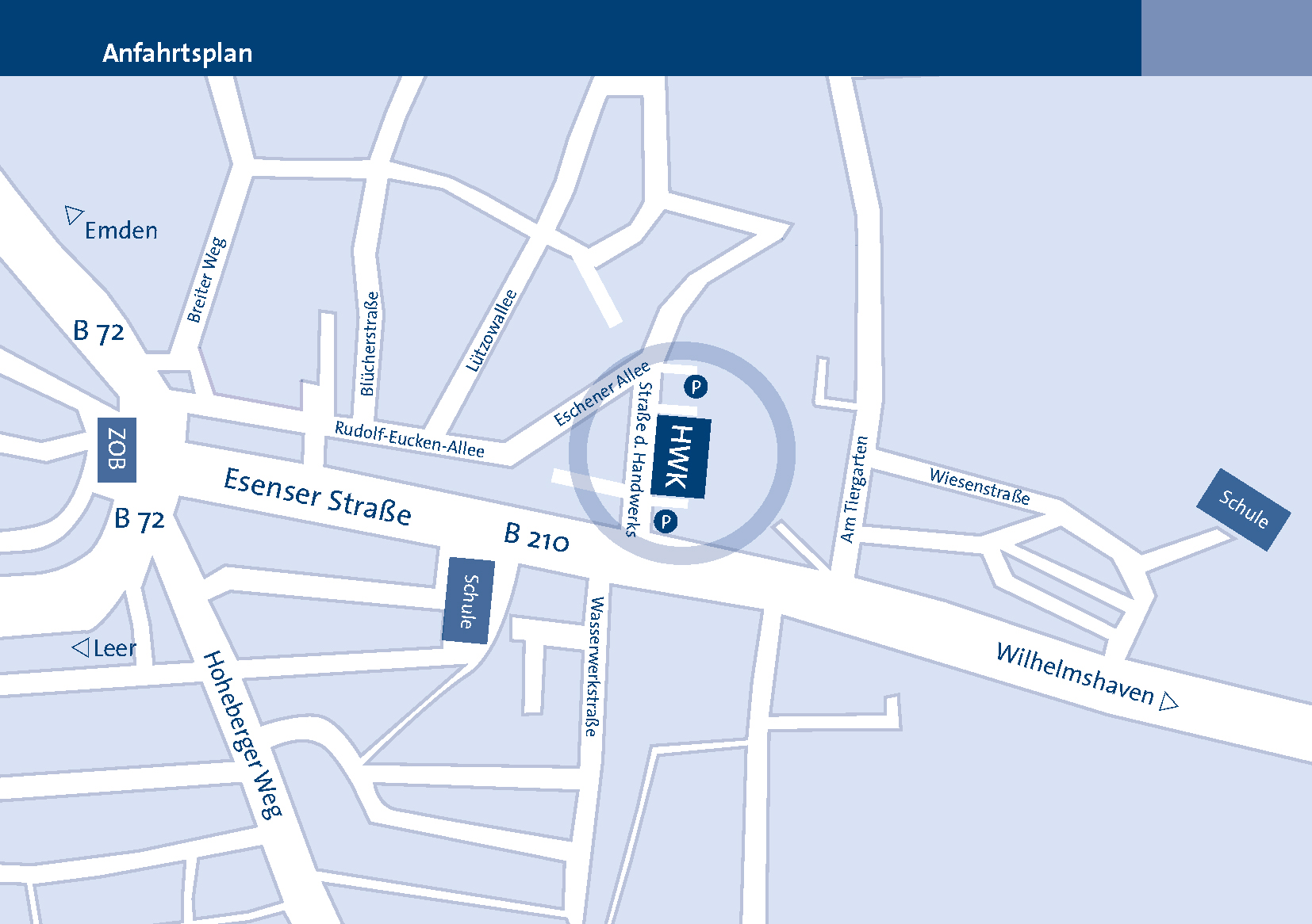 Einen Anfahrtsbeschreibung der Handwerkskammer – erkennbar sind mehrere Gebäude, Wege und Außenbereiche.