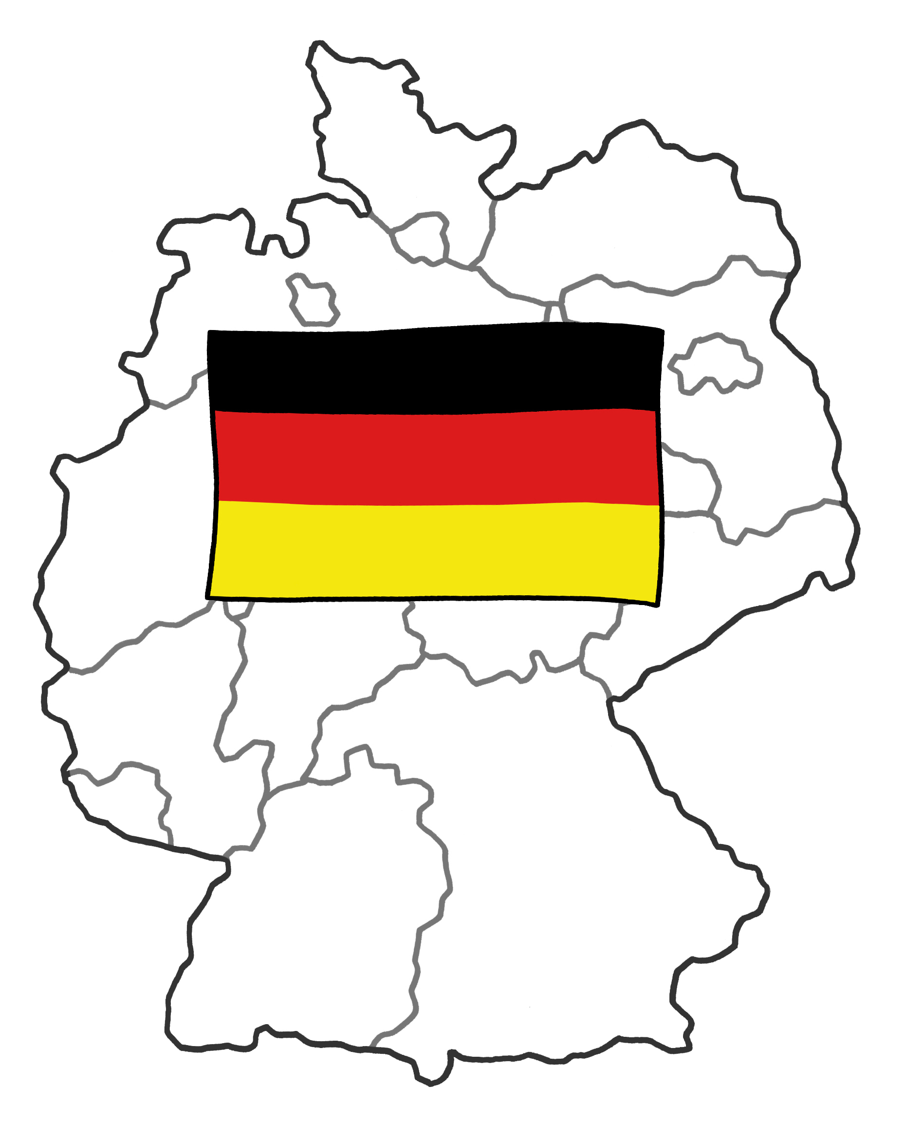 Die Landkarte von Deutschland zusammen mit der Flagge.