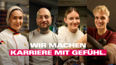 KI generiert: Das Bild zeigt vier lächelnde Personen in verschiedenen beruflichen Kontexten mit dem Text "Wir machen Karriere mit Gefühl."