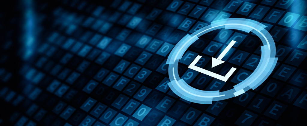 Grafische Darstellung eines digitalen Datensatzes: Im Hintergrund Kästen mit Buchstaben und Zahlen, die an Daten oder Codes erinnern. Im Vordergrund ein leuchtender Ring mit einem Download-Symbol in der Mitte.
