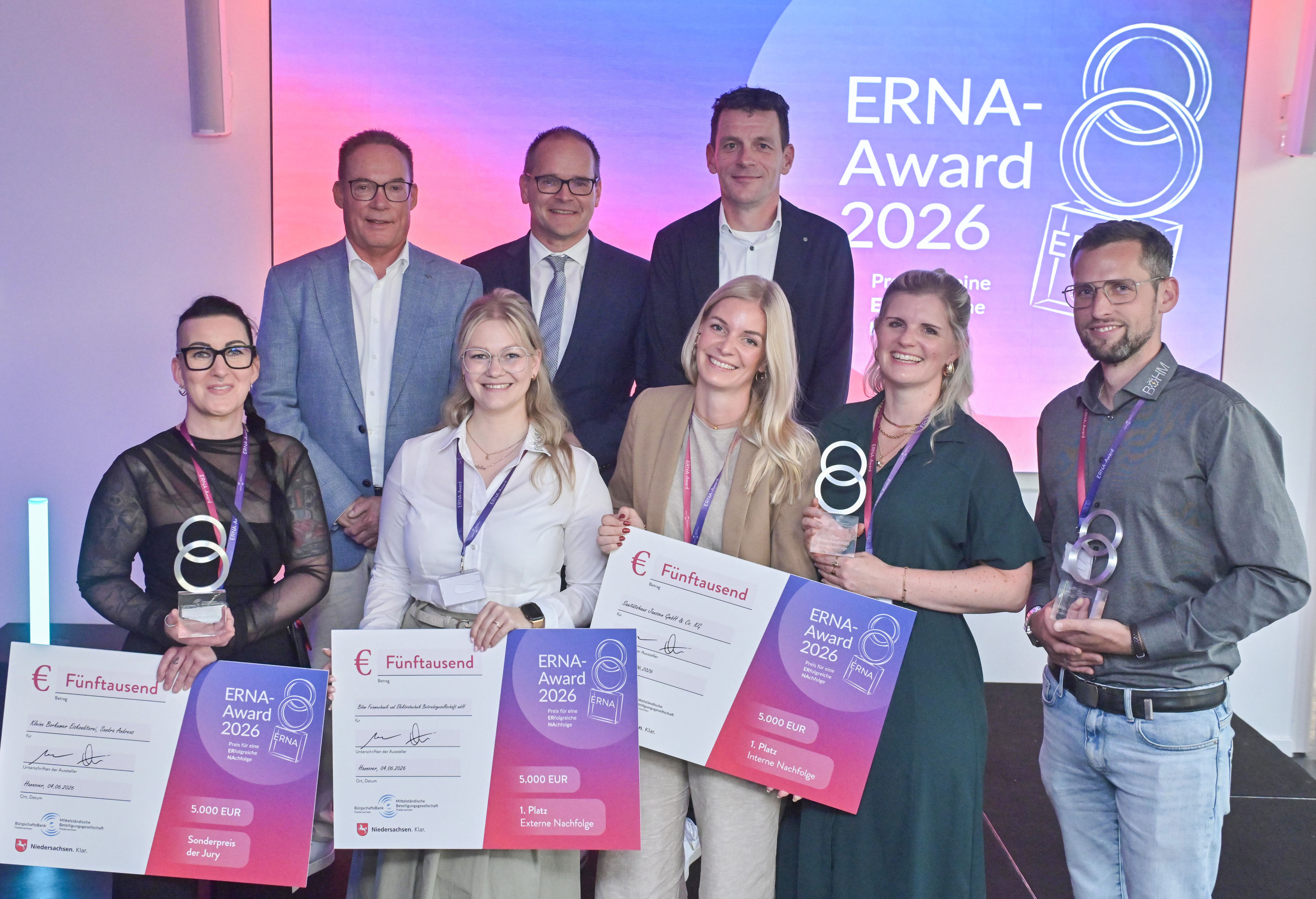 KI generiert: Eine Gruppe von Menschen posiert mit Auszeichnungen und Schecks für den ERNA-Award 2026.
