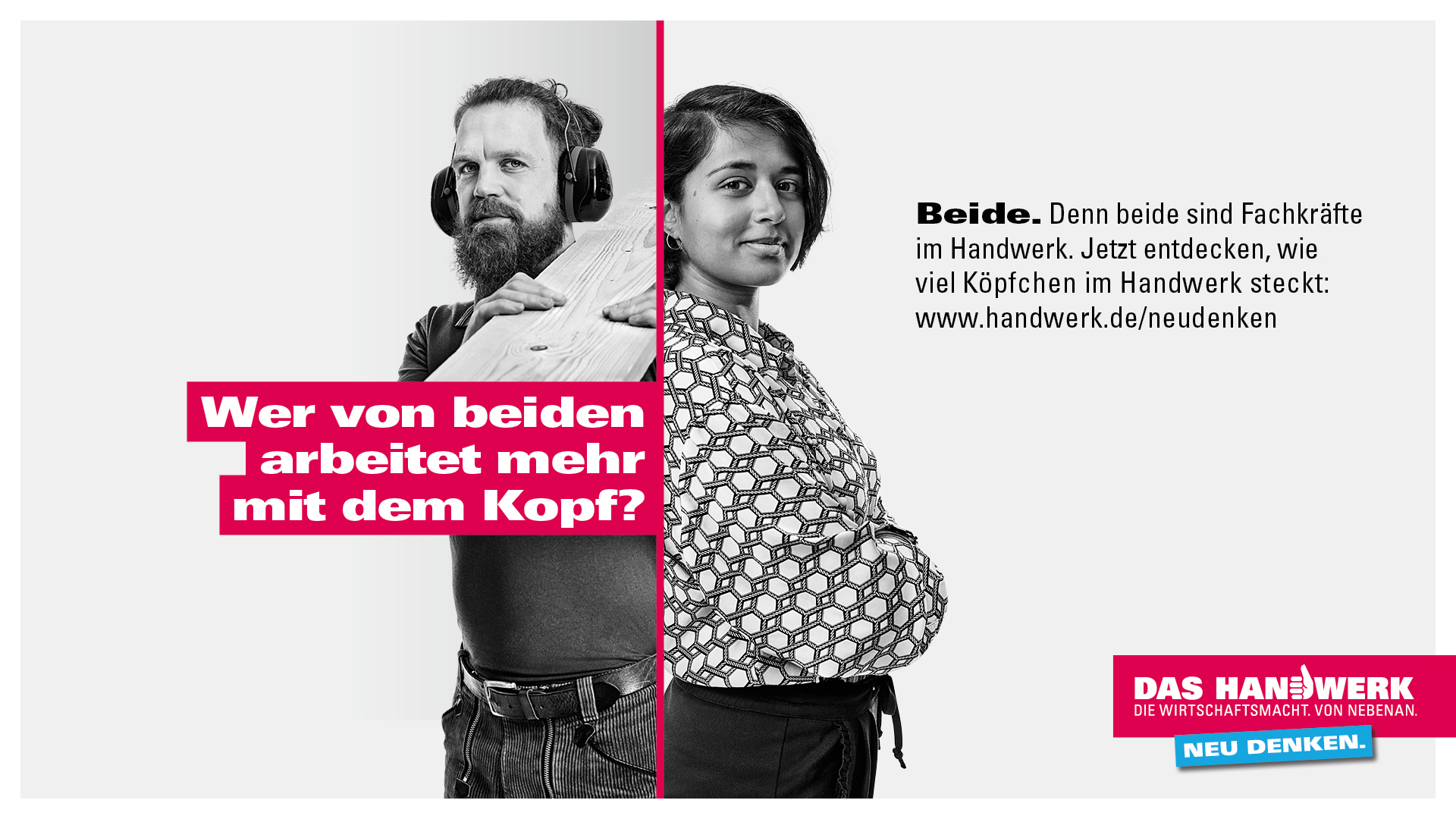 Werbung der Handwerkskammer, Thorsten Hein (l.) und Priyanka Balamohan (r.) sind beide Fachkräfte und im Handwerk.