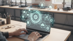 KI generiert: Das Bild zeigt eine Person am Laptop mit holografischen AI-Symbolen, die verschiedene Technologien und Konzepte darstellen.