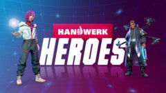KI generiert: Das Bild zeigt zwei futuristisch gestylte Charaktere mit dem Schriftzug "Handwerk Heroes" im Hintergrund.