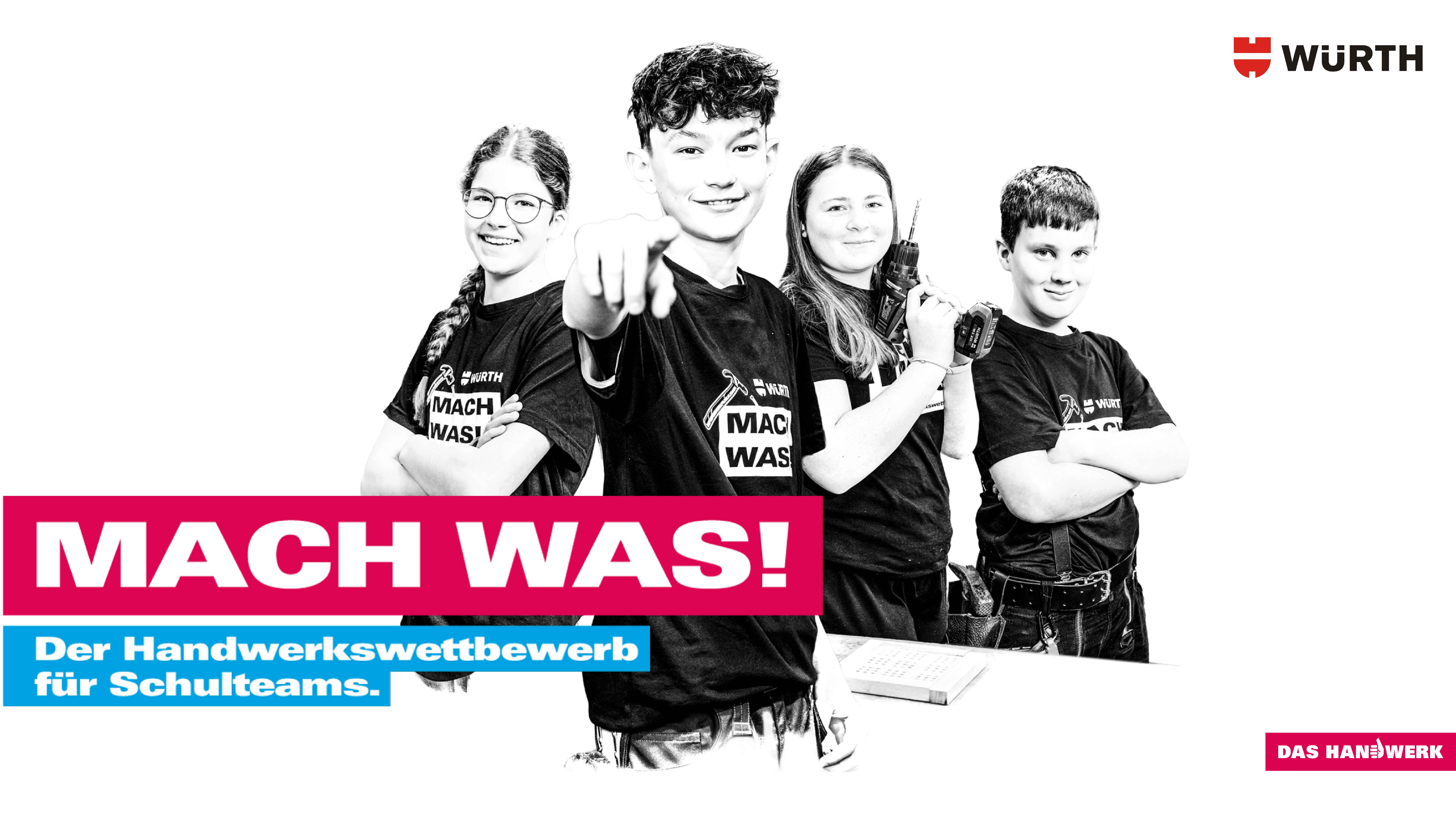 KI generiert: Das Bild zeigt eine Gruppe von Jugendlichen, die an einem Handwerkswettbewerb für Schulteams teilnehmen, begleitet von auffälligem Text "MACH WAS!".