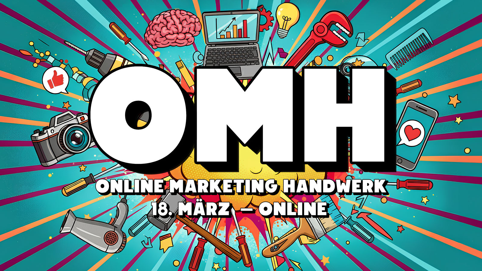 KI generiert: Das Bild bewirbt eine Online-Veranstaltung namens "Online Marketing Handwerk", die am 18. März stattfindet.