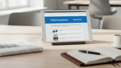 KI generiert: Das Bild zeigt ein Tablet auf einem Tisch, das eine Webseite mit den Kategorien "Stellenangebote" und "Karriere" anzeigt.