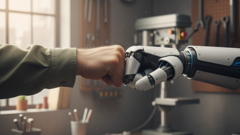 KI generiert: Das Bild zeigt eine menschliche Faust, die mit der Faust eines Roboters in einer Werkstatt zusammentrifft.