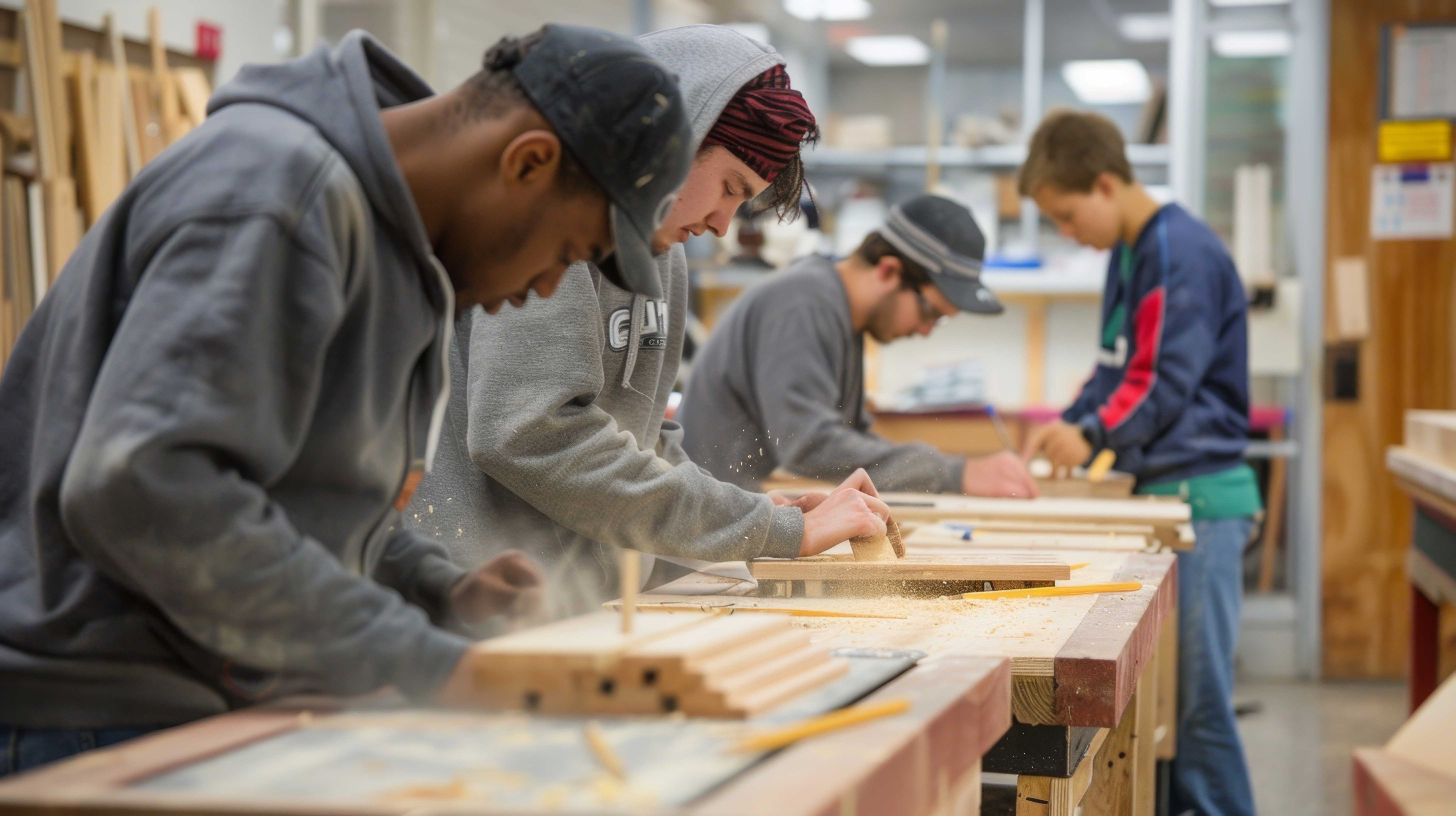 Vier junge Menschen in einer Werkstatt, die an einem Holzprojekt arbeiten. Wahrscheinlich in der Ausbildung.
