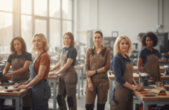 KI generiert: Das Bild zeigt eine Gruppe von Frauen in Arbeitskleidung in einer Werkstattumgebung.