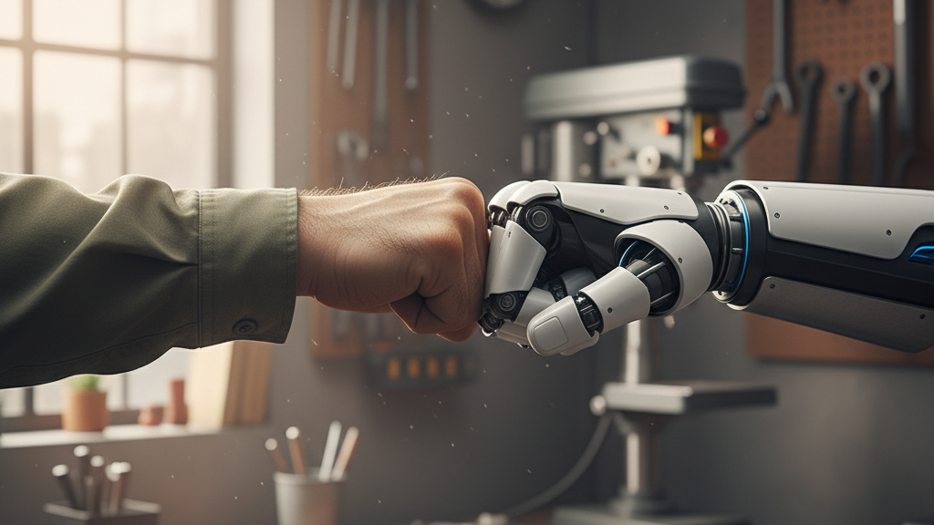 KI generiert: Ein Mensch und ein Roboter geben sich einen Fauststoß in einer Werkstatt.