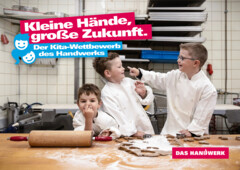 Werbung der Handwerkskammer. Zusehen sind zwei Kinder, die am Auto arbeiten. Geschrieben steht: " Kleine Hände, große Zukunft."