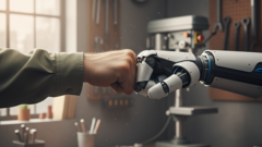 KI generiert: Ein Mensch und ein Roboter machen in einer Werkstatt einen Fauststoß.