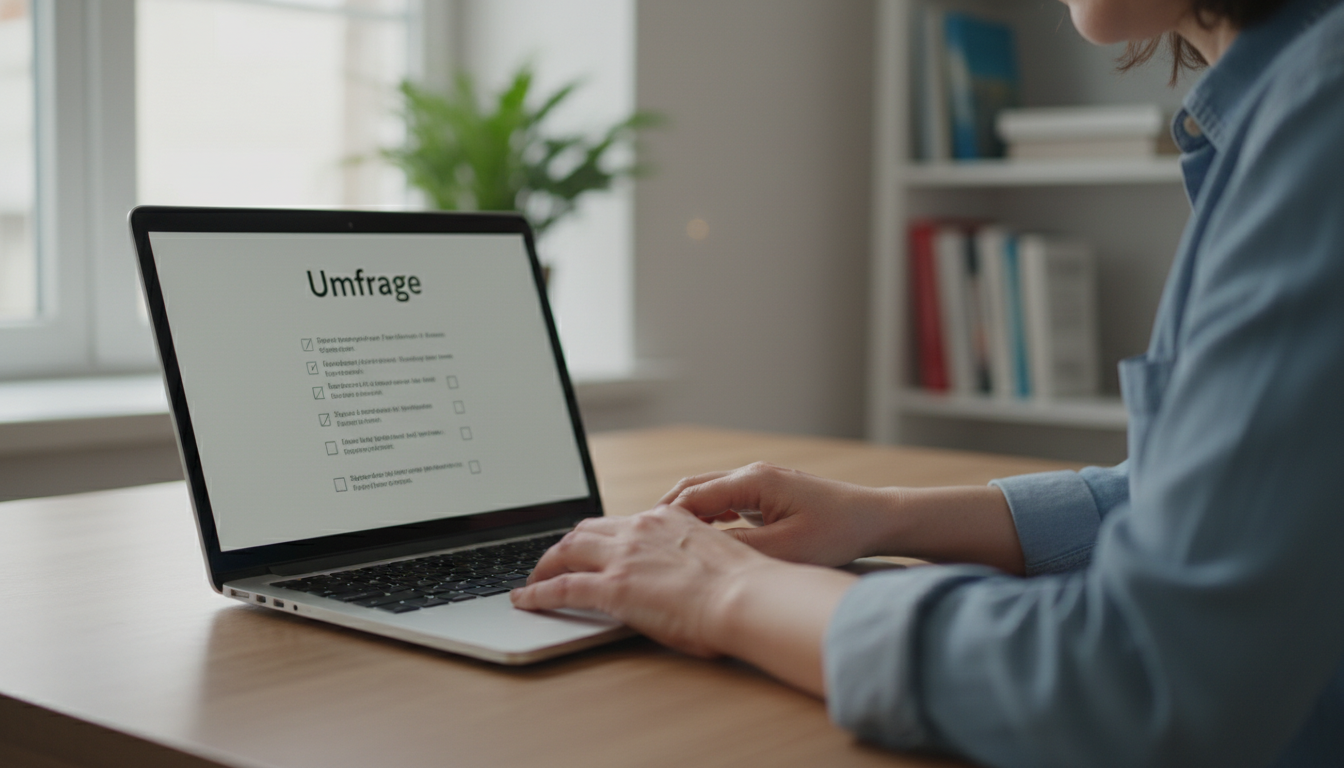 KI generiert: Das Bild zeigt eine Person, die auf einem Laptop eine Online-Umfrage auf der Plattform "Umfrage" ausfüllt.