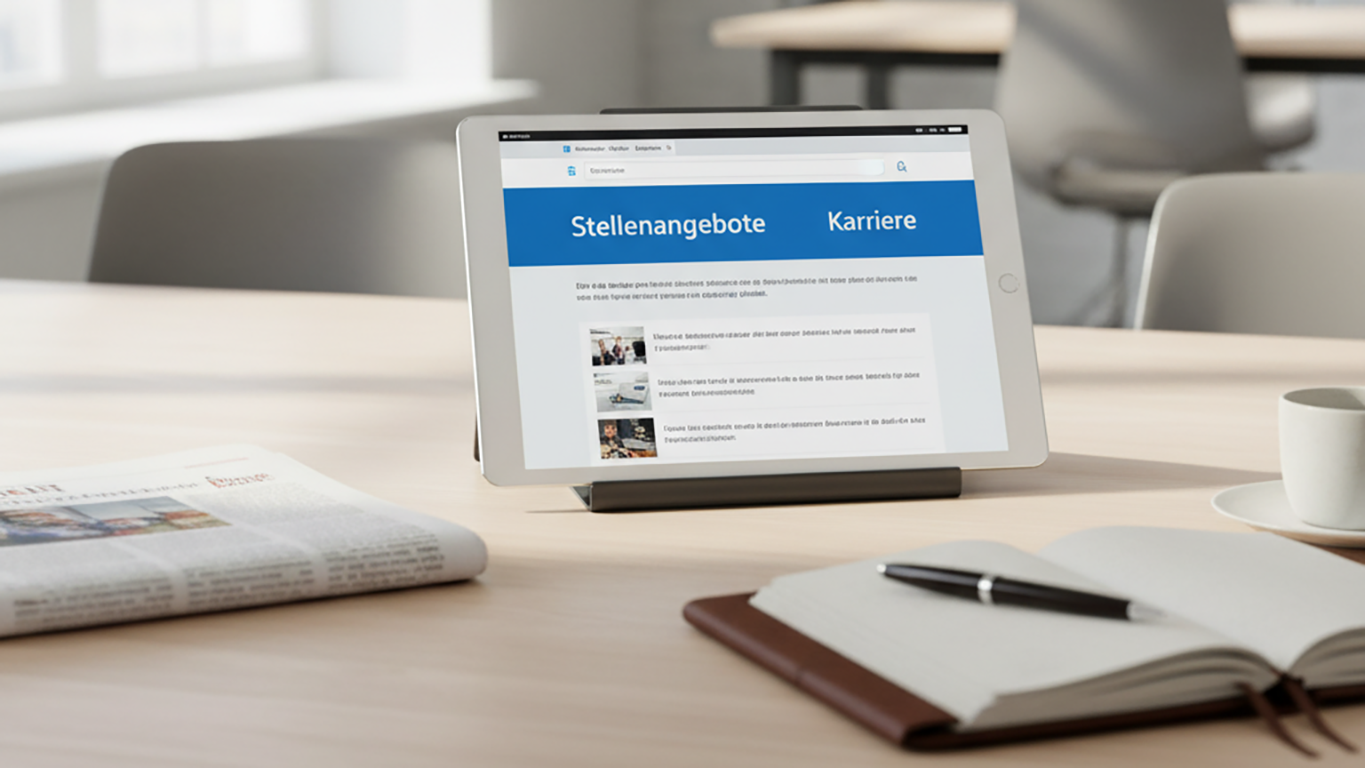 KI generiert: Das Bild zeigt ein Tablet auf einem Tisch, das eine Webseite mit den Kategorien "Stellenangebote" und "Karriere" anzeigt.