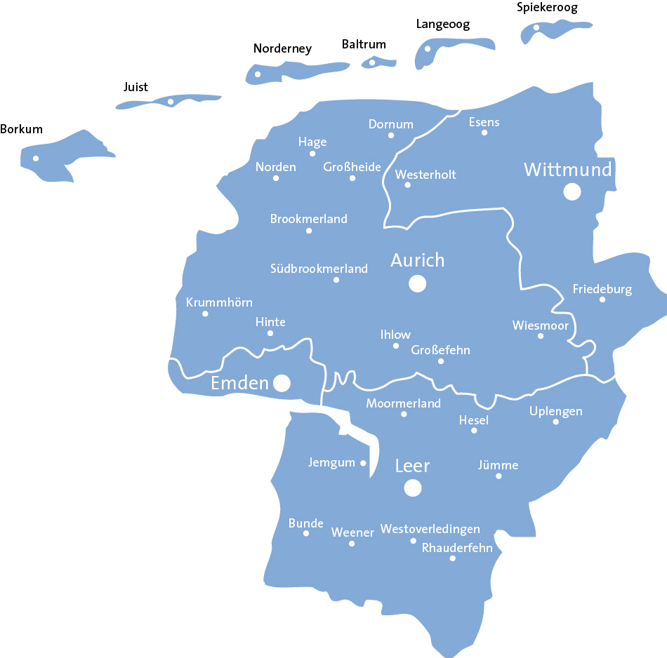 Auf einer kleinen Karte ist die Region Ostfriesland farblich hervorgehoben.