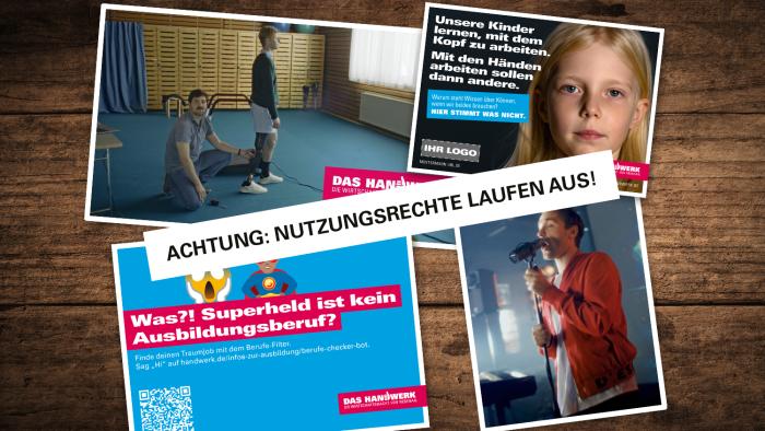 Werbebilder der Handwerkskammer sind auf dem Bild verteilt, in der Mitte steht: "Nutzungsrechte laufen aus!"