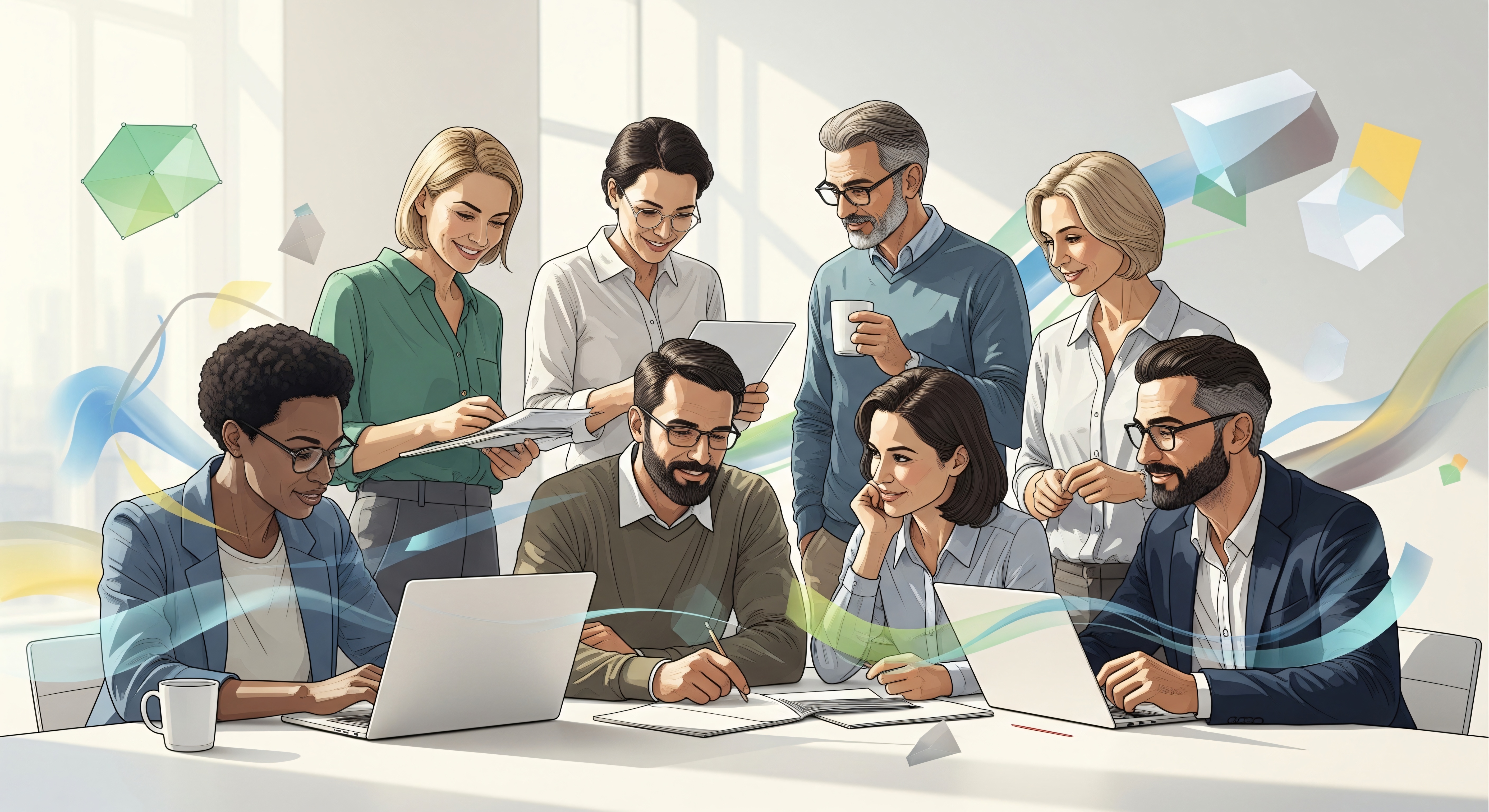 KI generiert: Eine Gruppe von Personen arbeitet zusammen an Laptops und Tablets in einem modernen Büro.