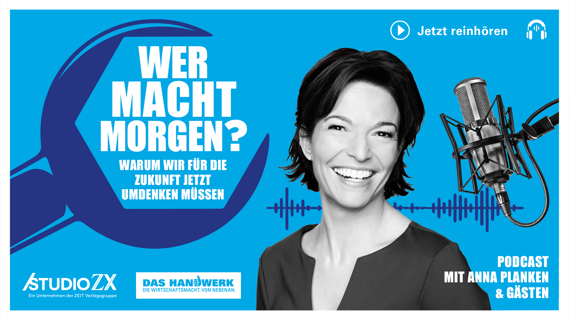 Anna Planken zusammen mit dem Logo des Podcasts "Wer macht morgen?"