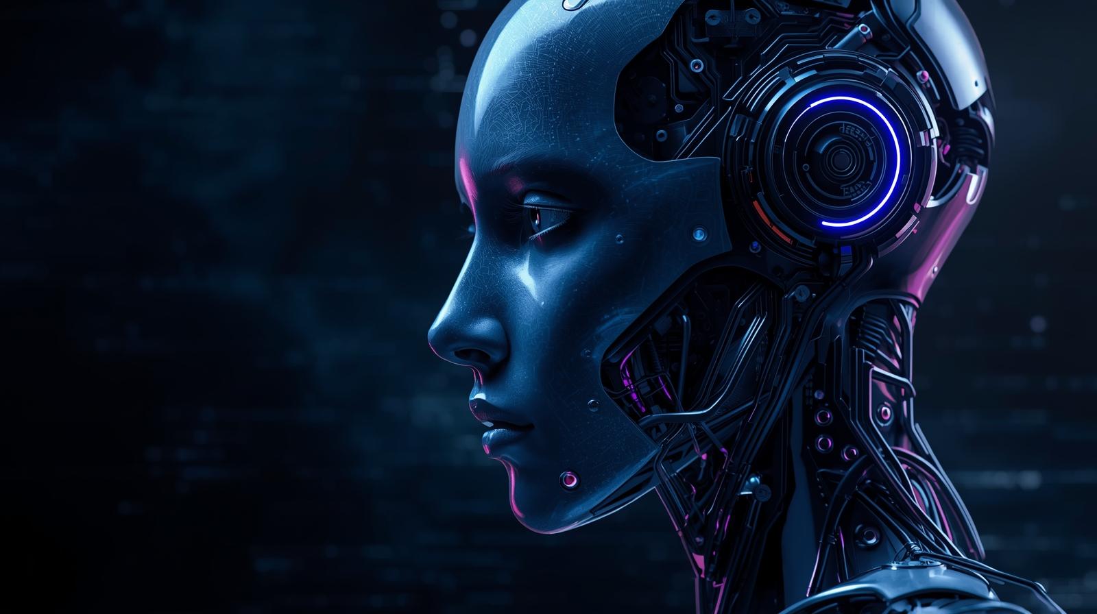 KI generiert: Ein futuristischer humanoider Roboterkopf mit leuchtenden Lichtelementen ist im Profil zu sehen.