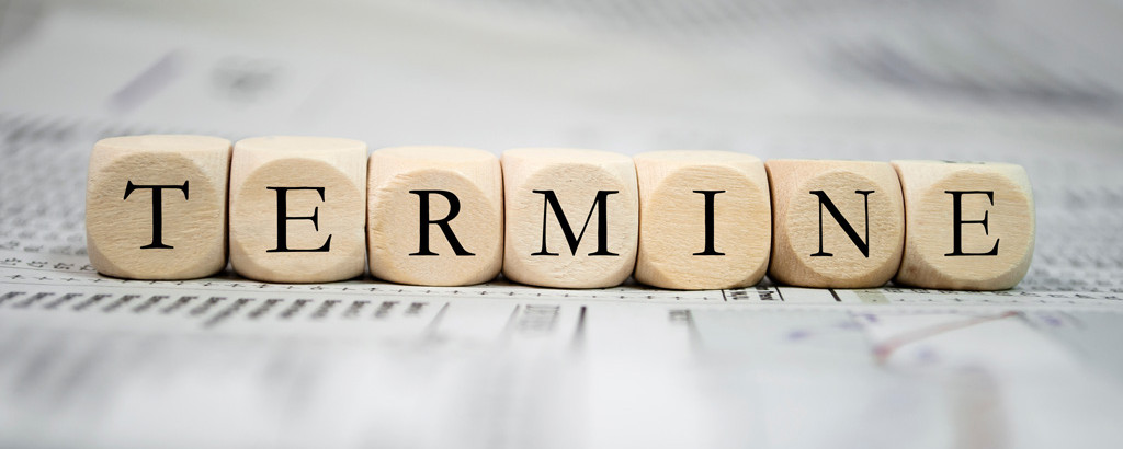 Mehrere Holzwürfel liegen nebeneinander und bilden das Wort ‚Termine‘ – symbolisch für Planung oder Zeitmanagement.