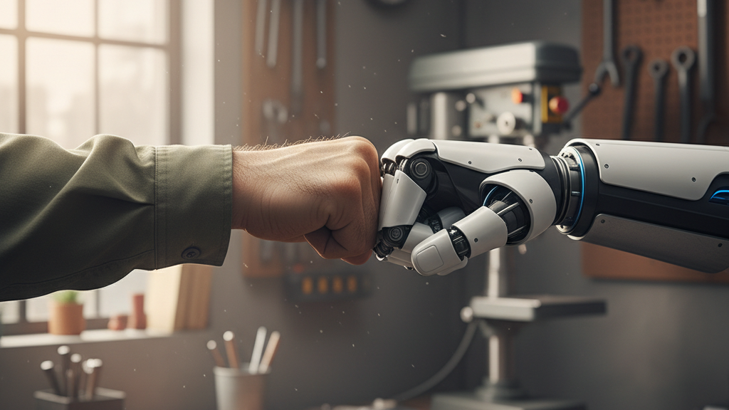 KI generiert: Das Bild zeigt eine menschliche Faust, die mit der Faust eines Roboters in einer Werkstatt zusammentrifft.