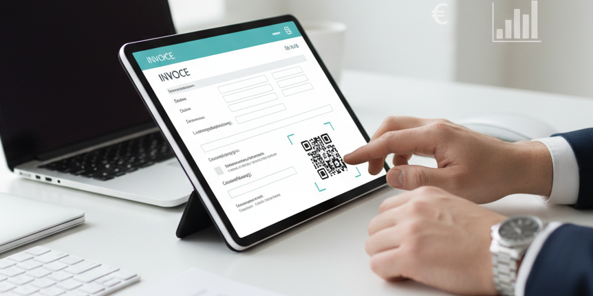 KI generiert: Eine Person verwendet ein Tablet, um eine digitale Rechnung mit einem QR-Code zu bearbeiten.