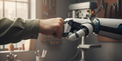KI generiert: Ein Mensch und ein Roboter machen einen Fauststoß in einer Werkstatt.